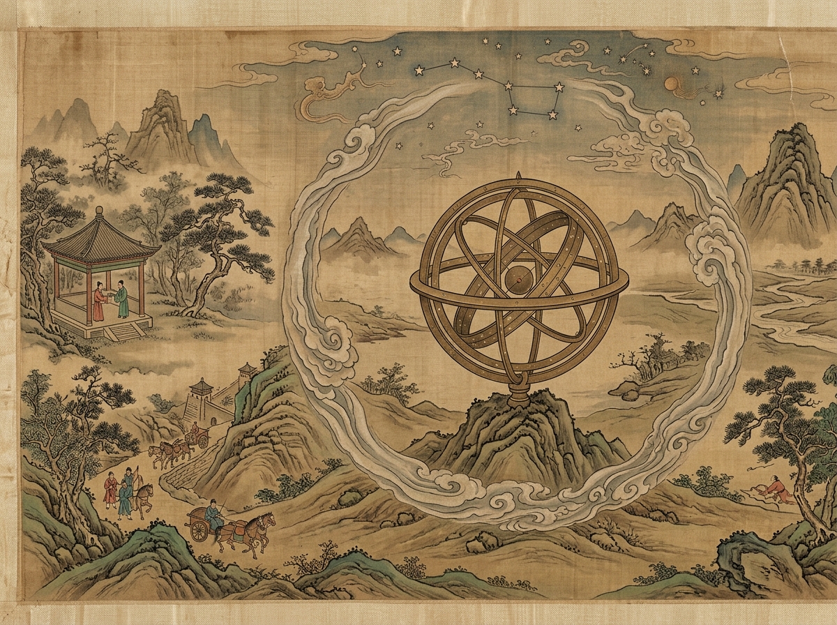 The cosmic bronze celestial pivot anchored on an immovable axis mountain, with an unbroken circular ouroboros qi-stream revolving through heaven and earth.